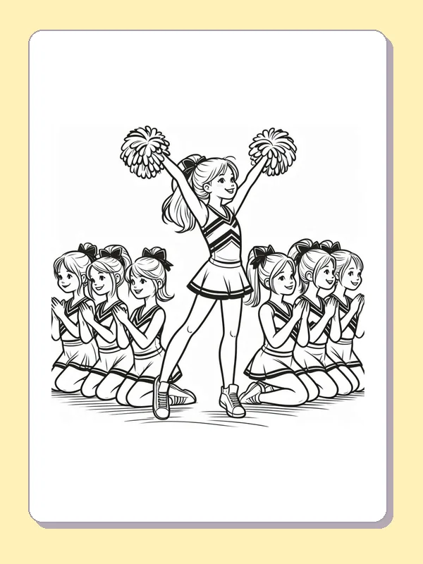 Black and white printable cheer captain in front of a seated team coloring sheet