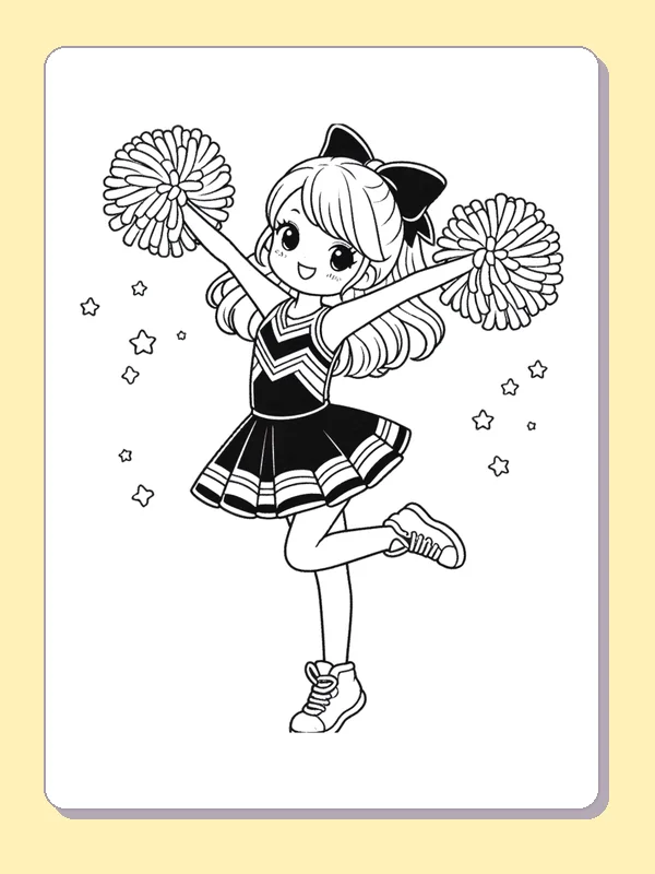 Black and white printable cheerleader balancing with one leg raised coloring sheet