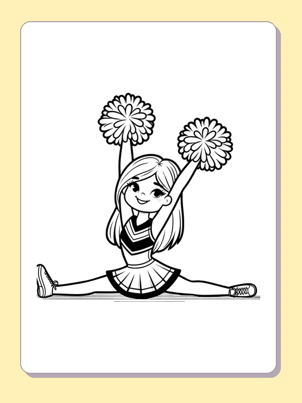 Black and white printable cheerleader holding a floor split pose coloring sheet
