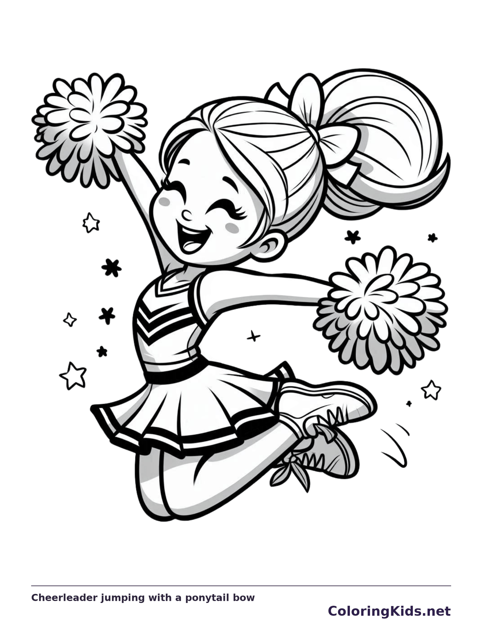 Black and white printable cheerleader jumping with a ponytail bow coloring sheet
