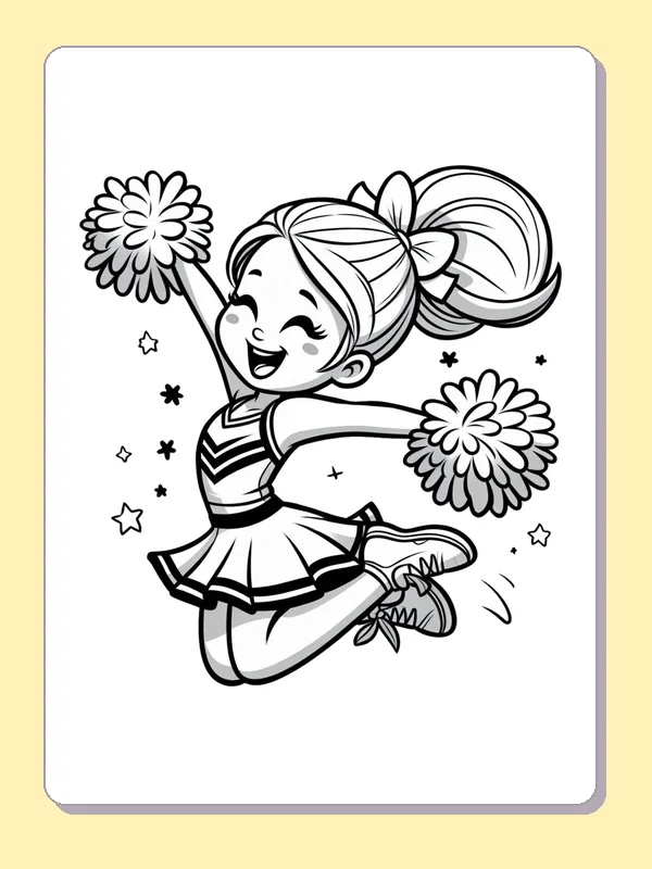 Black and white printable cheerleader jumping with a ponytail bow coloring sheet