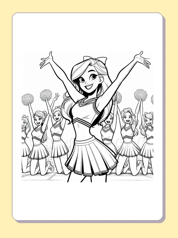 Black and white printable cheerleader leading a cheering squad coloring sheet