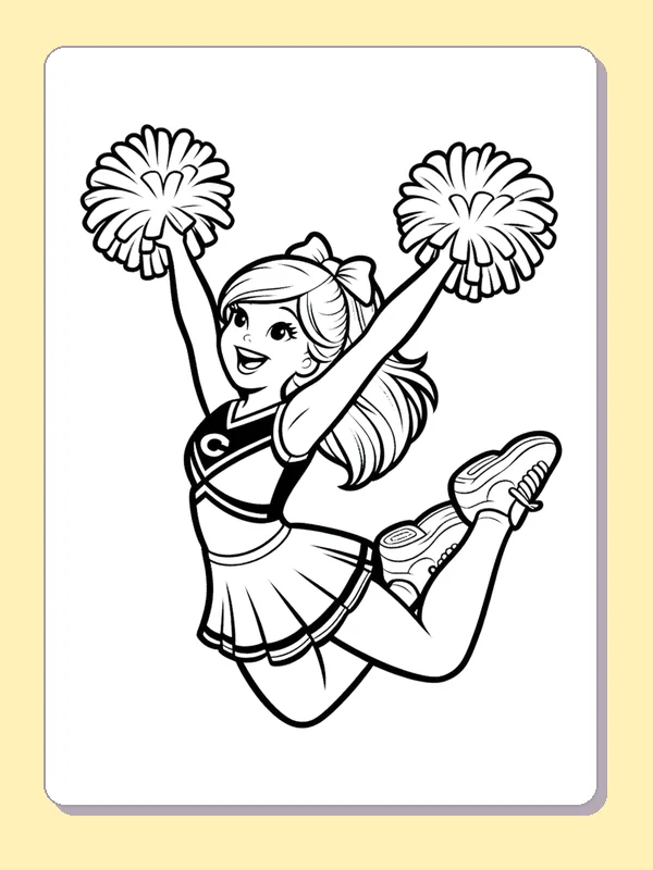 Black and white printable cheerleader leaping with one knee bent coloring sheet