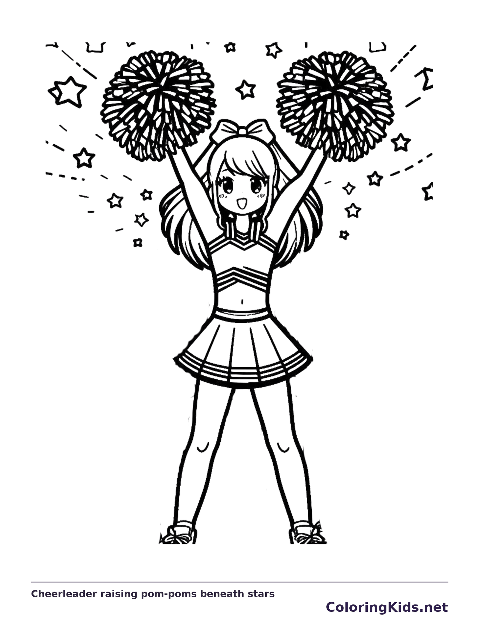 Black and white printable cheerleader raising pom-poms beneath stars coloring sheet