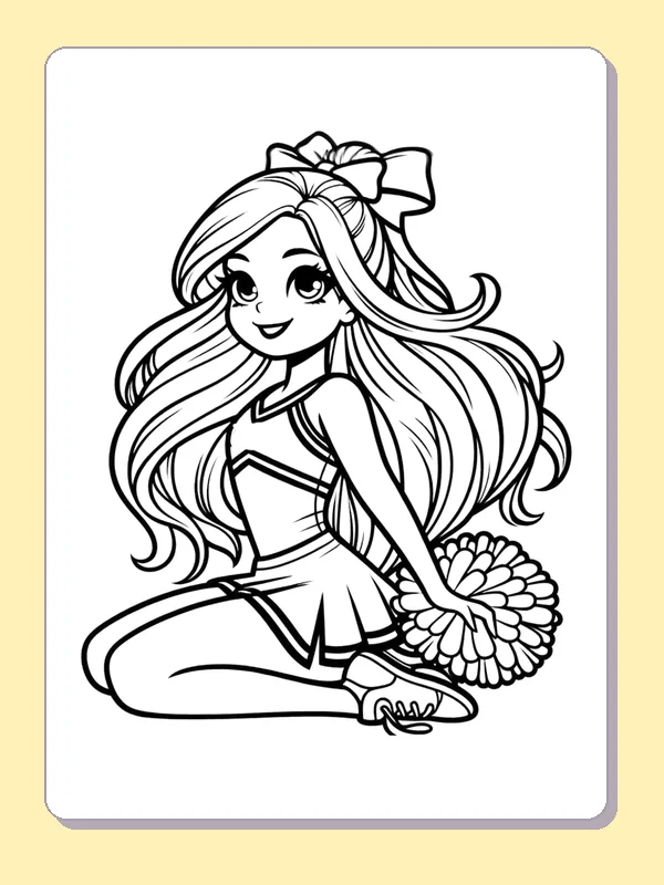 Black and white printable cheerleader sitting with pom-poms by her shoes coloring sheet