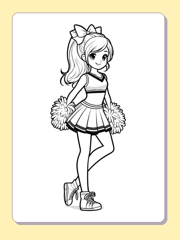 Black and white printable cheerleader standing with pom-poms at her sides coloring sheet