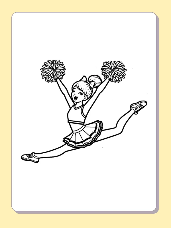 Black and white printable cheerleader stretching into a high split jump coloring sheet