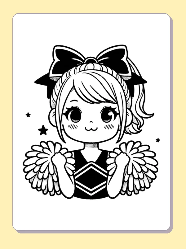Black and white printable cheerleader with a bow and fluffy pom-poms coloring sheet