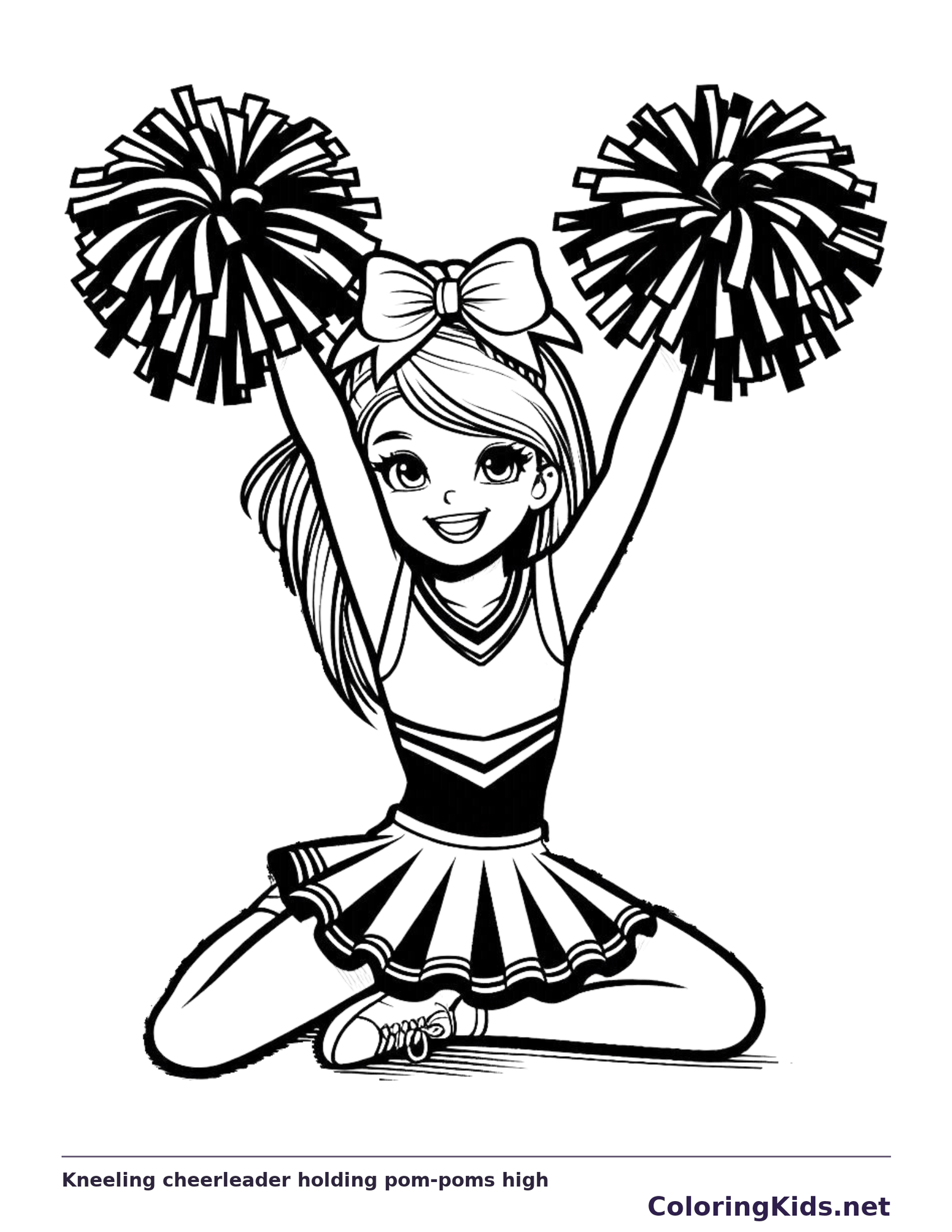 Black and white printable kneeling cheerleader holding pom-poms high coloring sheet