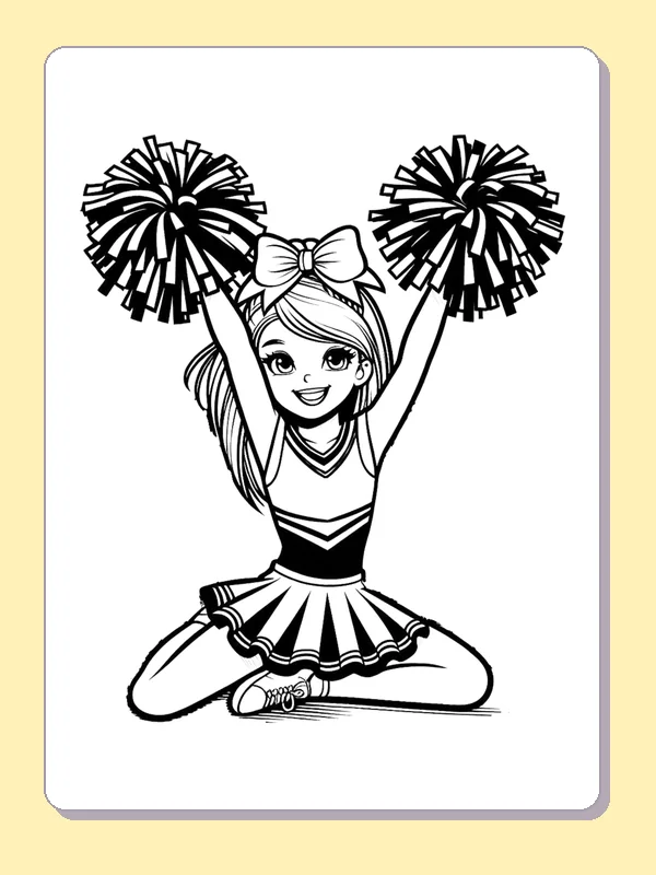 Black and white printable kneeling cheerleader holding pom-poms high coloring sheet