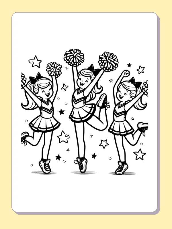 Black and white printable three cheerleaders jumping under stars coloring sheet