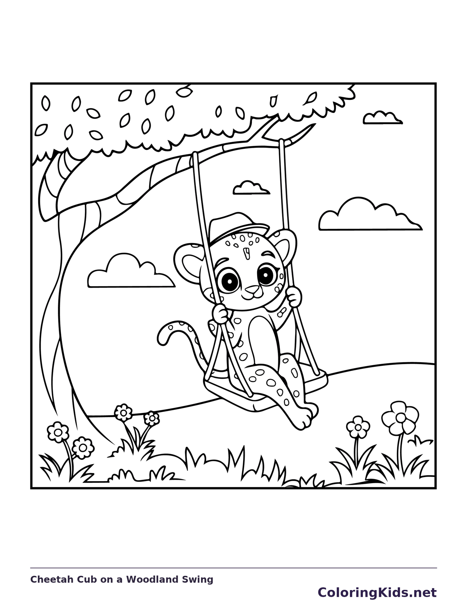 Cheetah Cub on a Woodland Swing coloring page: black and white line art to print or color online