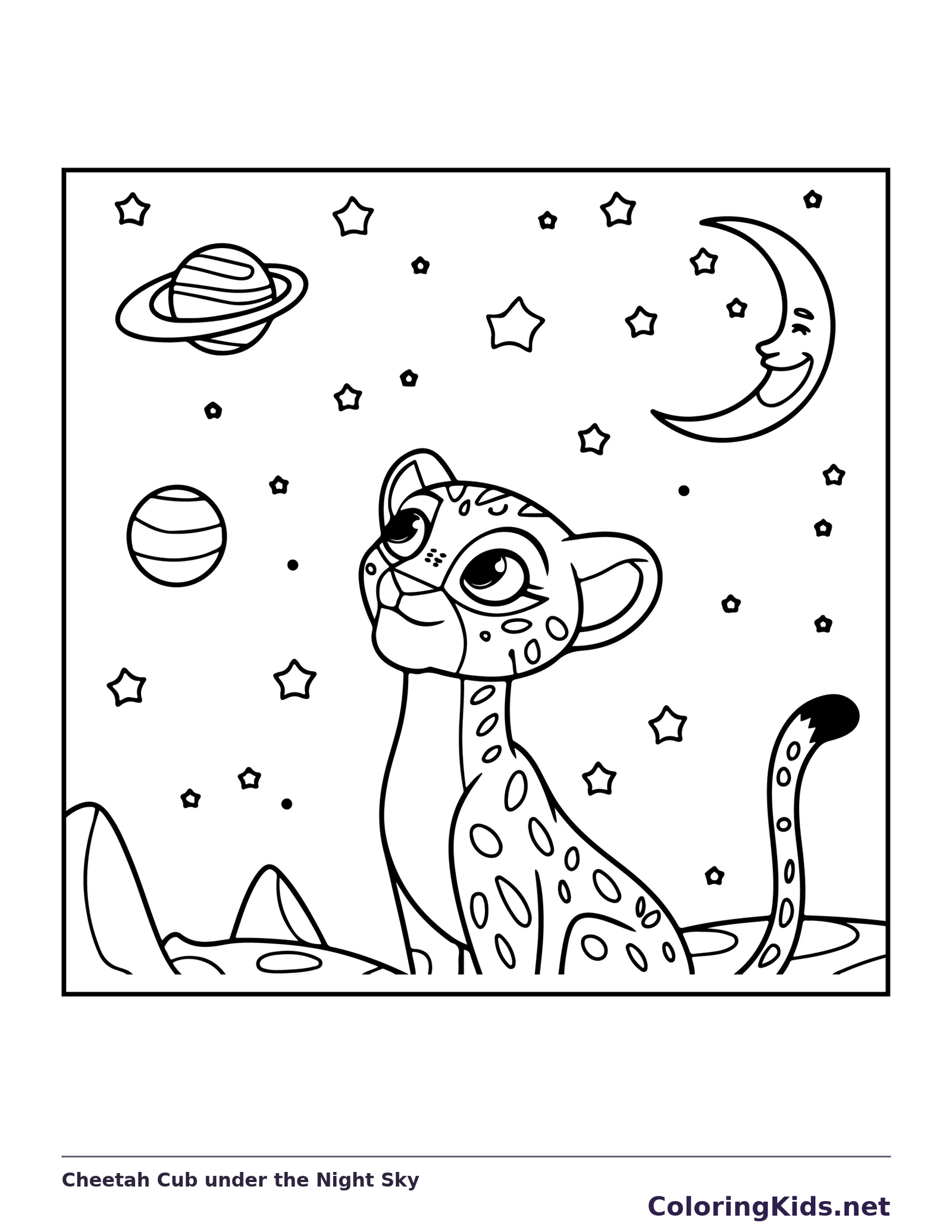 Cheetah Cub under the Night Sky coloring page: black and white line art to print or color online