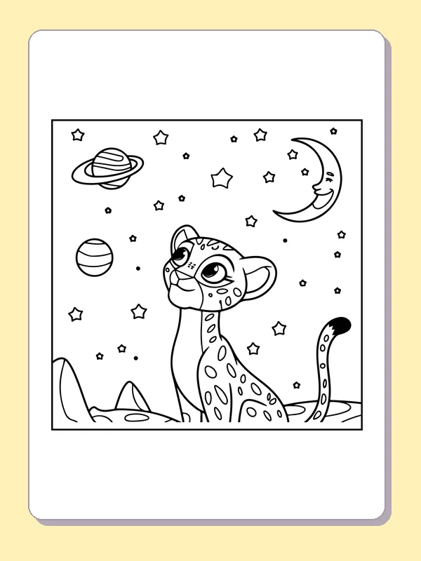 Cheetah Cub under the Night Sky coloring page: black and white line art to print or color online