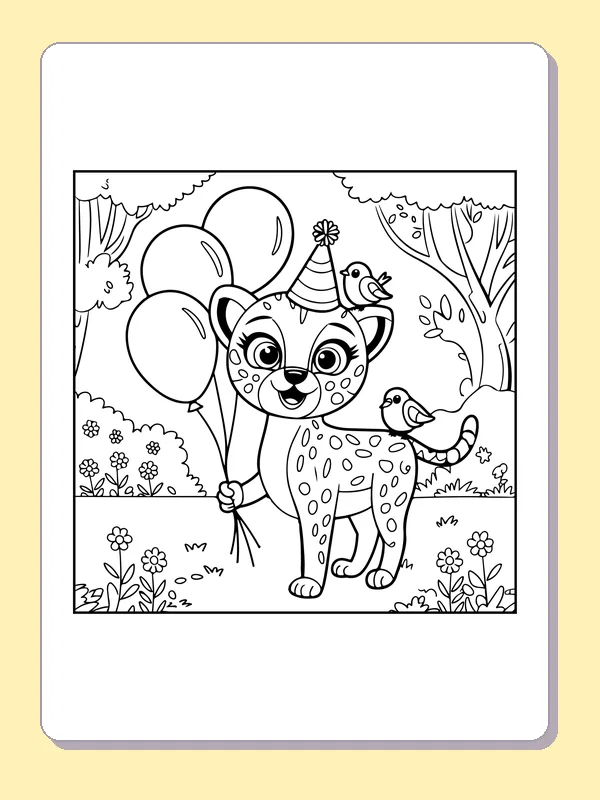 Cheetah Cub with Birthday Balloons coloring page: black and white line art to print or color online