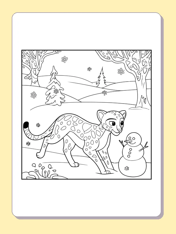 Cheetah Meeting a Snowman coloring page: black and white line art to print or color online