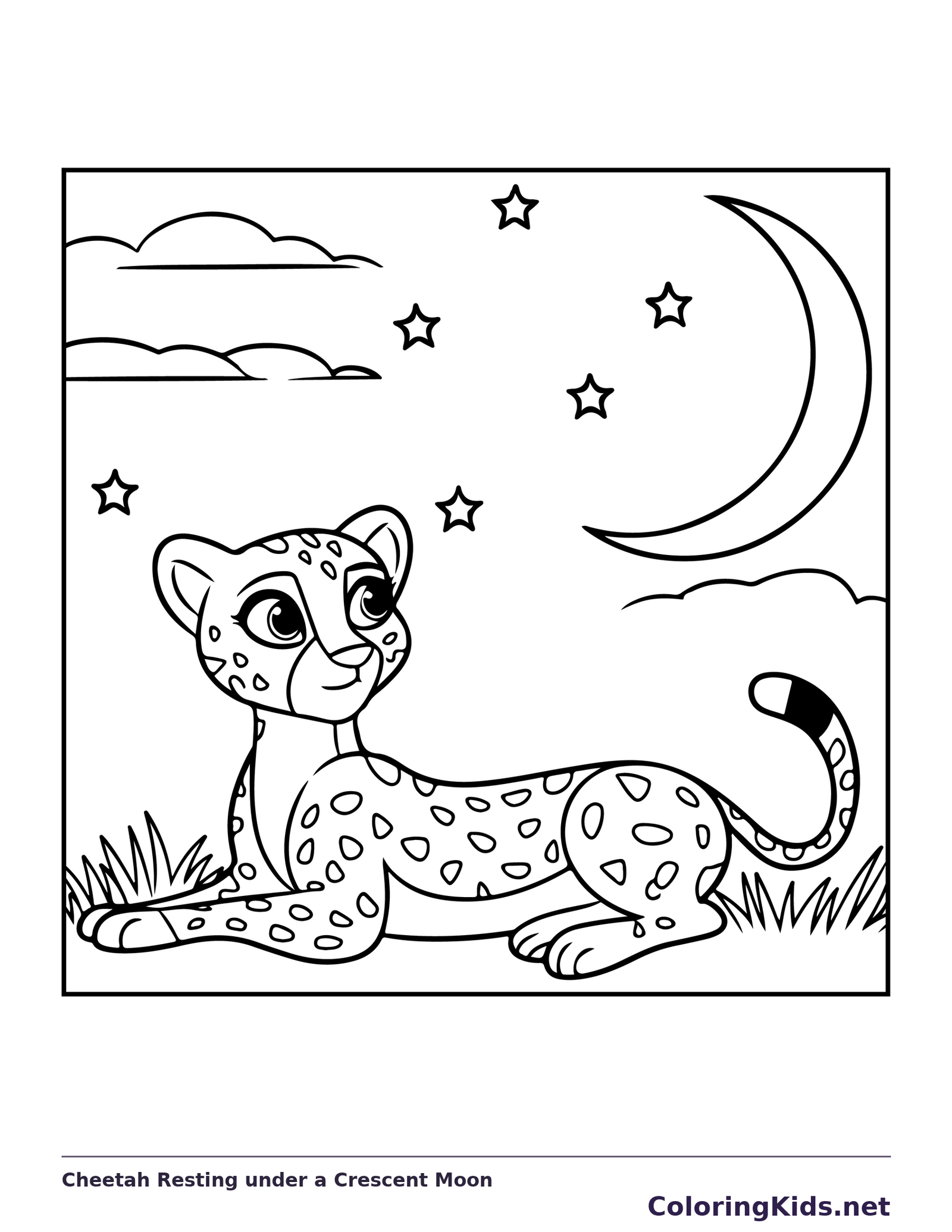 Cheetah Resting under a Crescent Moon coloring page: black and white line art to print or color online