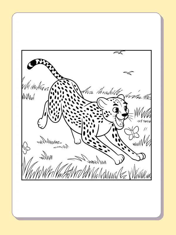 Cheetah Running across the Grass coloring page: black and white line art to print or color online