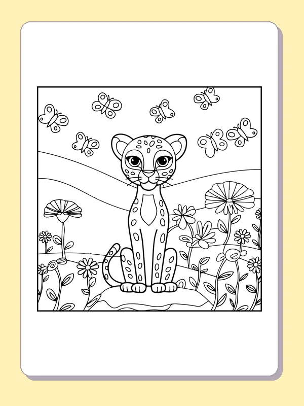 Cheetah Sitting among Butterflies coloring page: black and white line art to print or color online