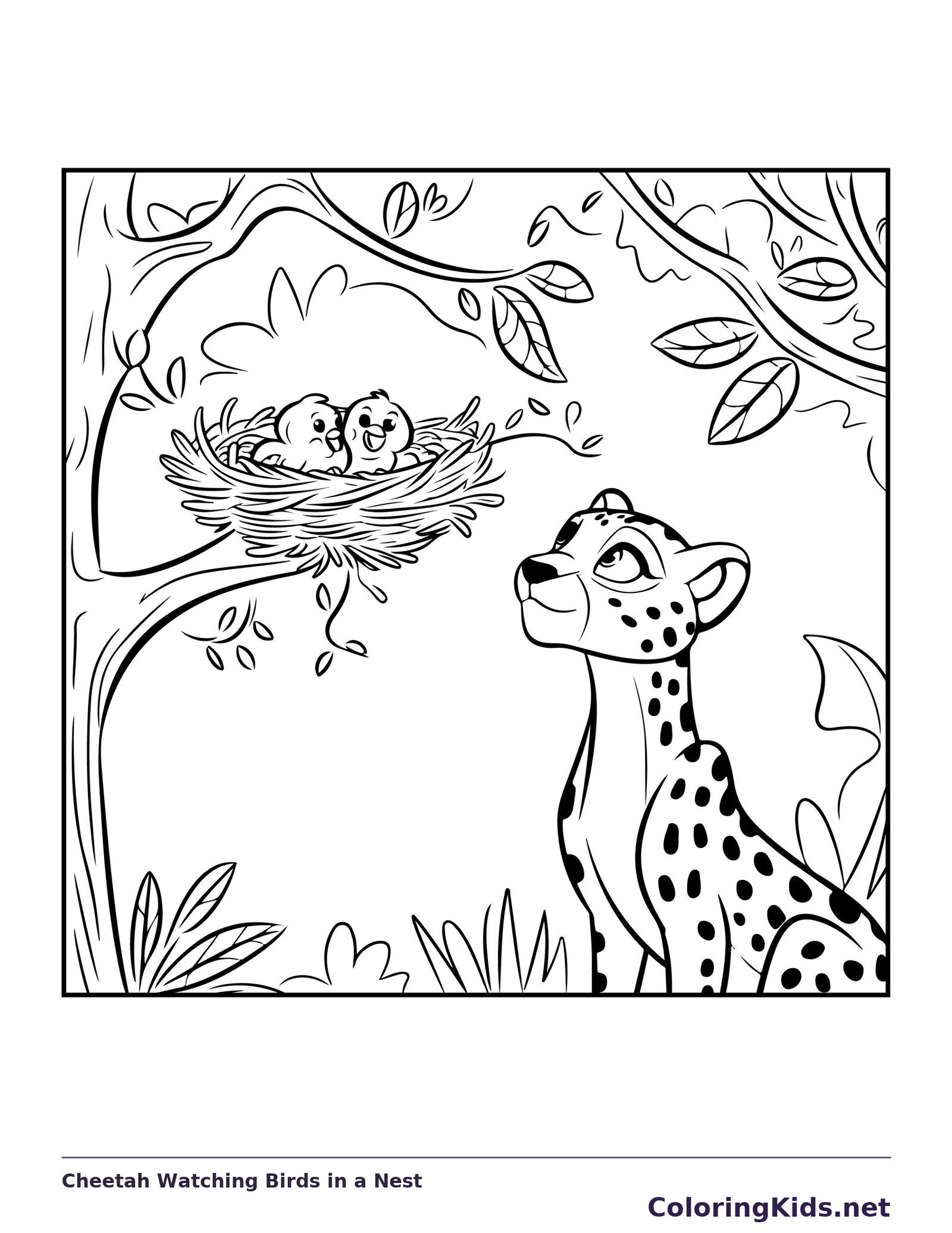Cheetah Watching Birds in a Nest coloring page: black and white line art to print or color online