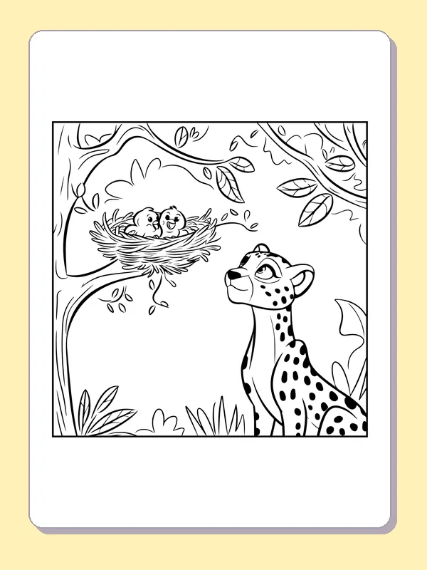 Cheetah Watching Birds in a Nest coloring page: black and white line art to print or color online