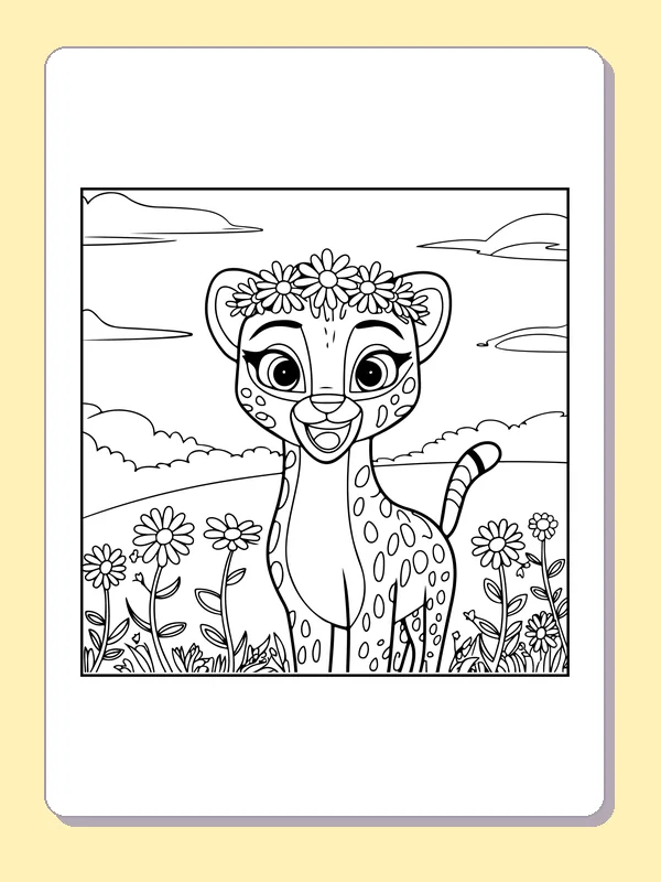 Smiling Cheetah among Wildflowers coloring page: black and white line art to print or color online