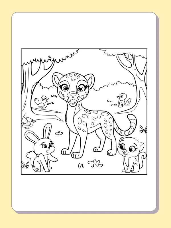 Spotted Cub with Woodland Friends coloring page: black and white line art to print or color online