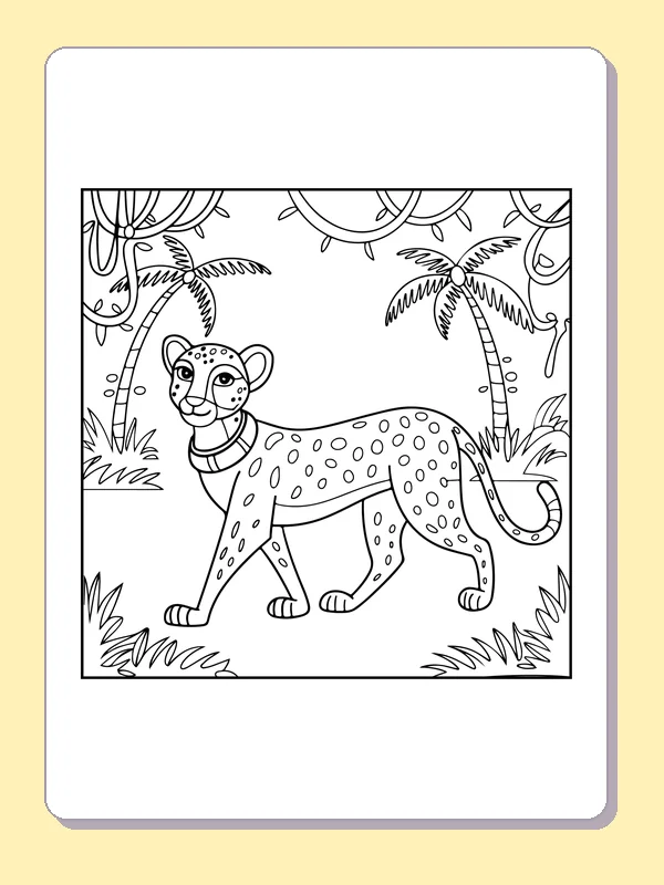 Young Cheetah beneath Palm Trees coloring page: black and white line art to print or color online