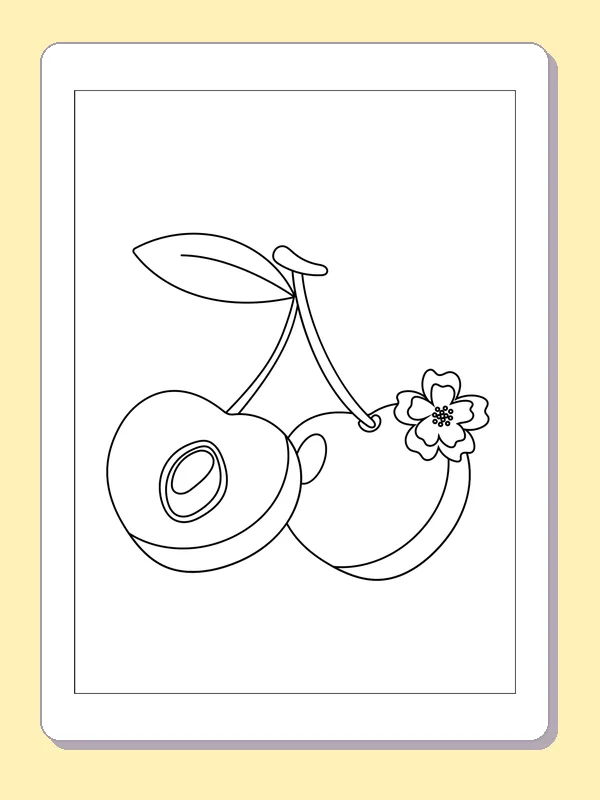 Cherry Blossom beside Cut Fruit coloring page: black and white line art to print or color online