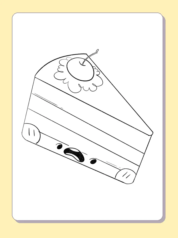 Cherry Cake Slice with Layered Stripes coloring page: black and white line art to print or color online