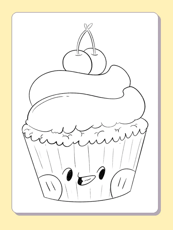 Smiling Cupcake with a Cherry Top coloring page: black and white line art to print or color online
