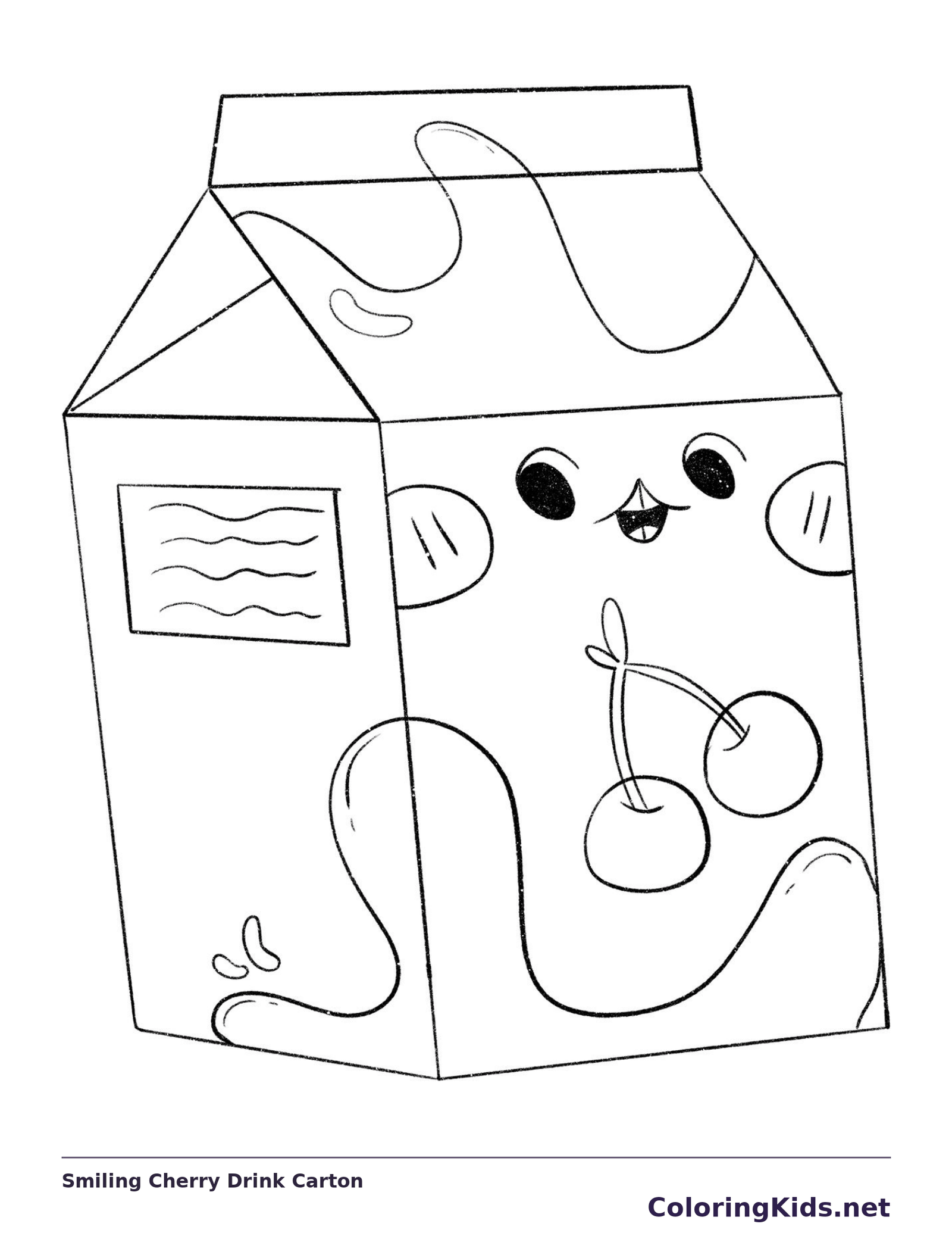 Smiling Cherry Drink Carton coloring page: black and white line art to print or color online