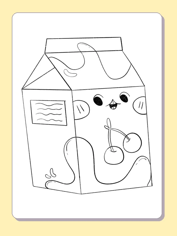 Smiling Cherry Drink Carton coloring page: black and white line art to print or color online