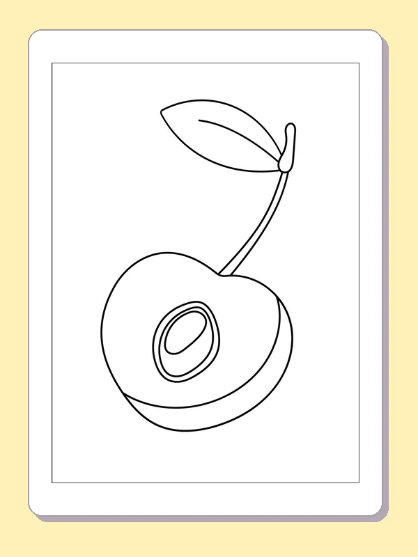 Single Cherry Half with a Leaf coloring page: black and white line art to print or color online