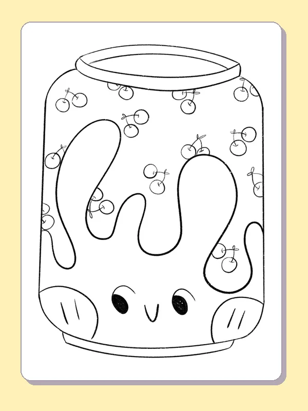 Smiling Jar with Tiny Cherry Motifs coloring page: black and white line art to print or color online