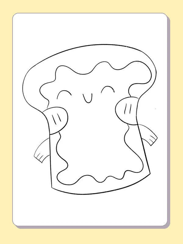 Smiling Toast with Wavy Jam coloring page: black and white line art to print or color online