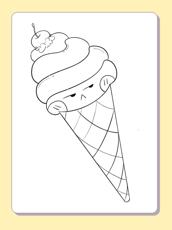 Cherry-Topped Smiling Waffle Cone coloring page: black and white line art to print or color online