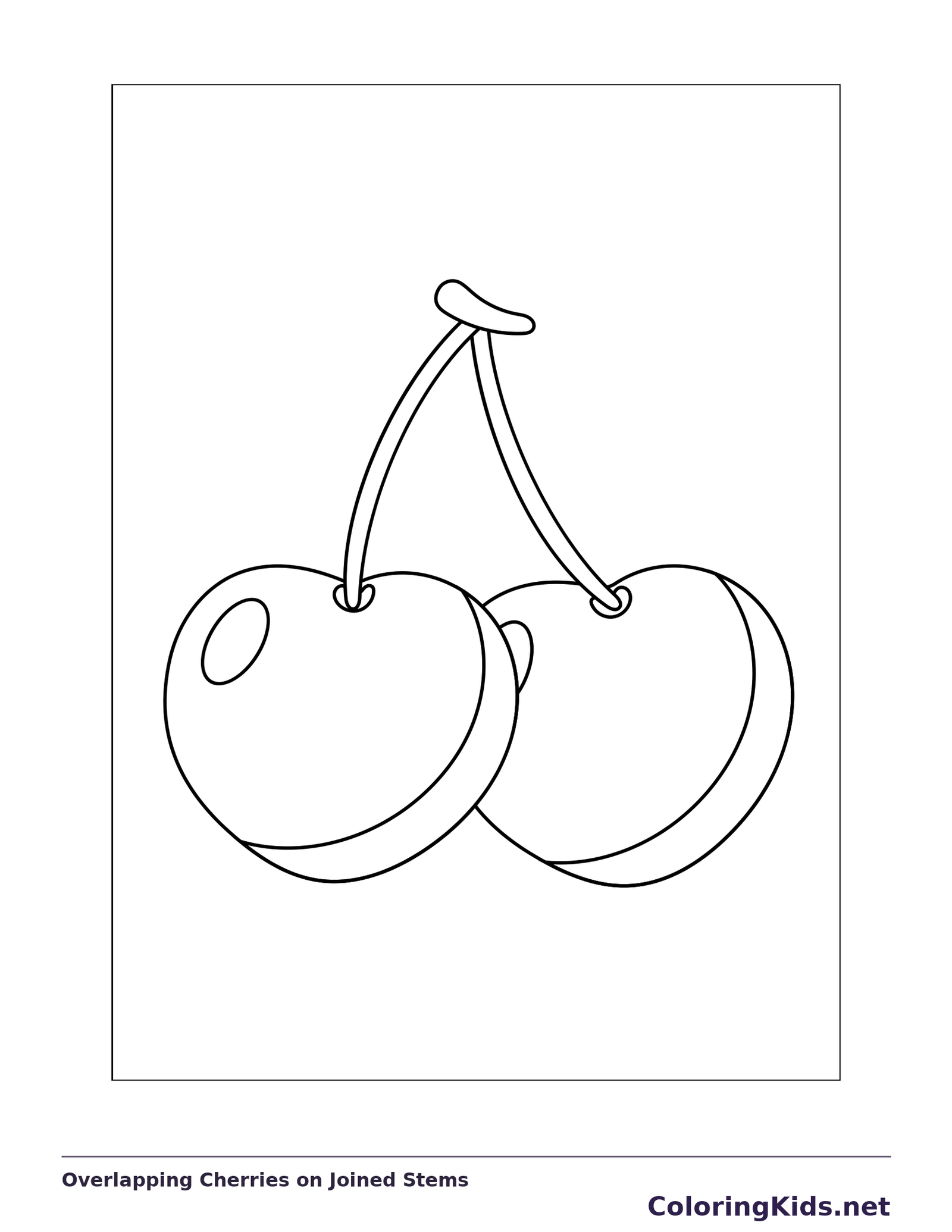 Overlapping Cherries on Joined Stems coloring page: black and white line art to print or color online