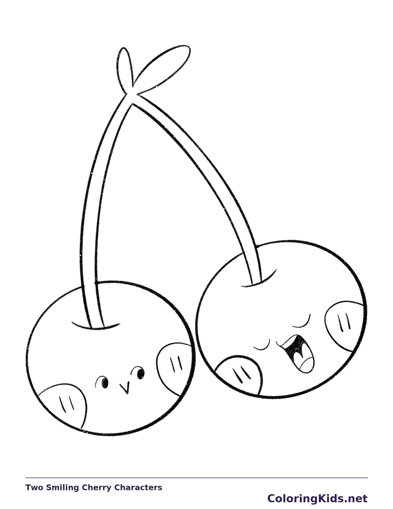 Two Smiling Cherry Characters coloring page: black and white line art to print or color online