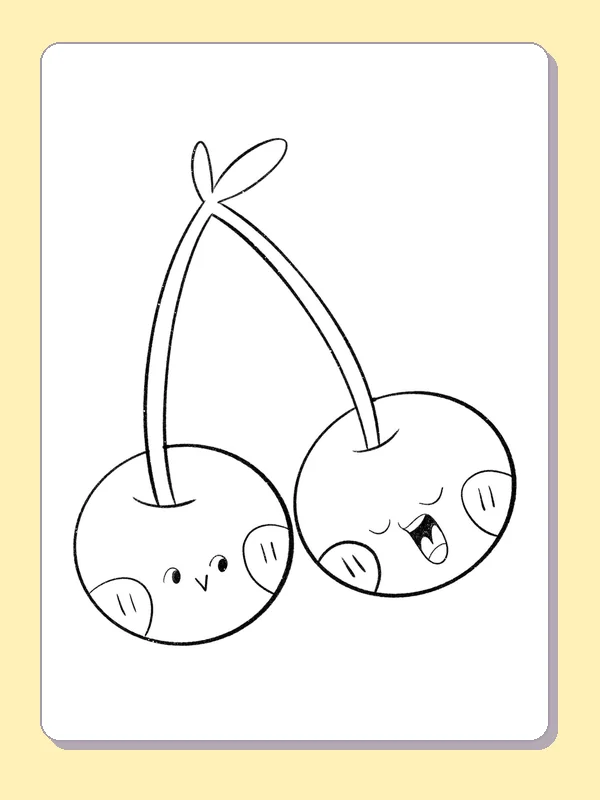 Two Smiling Cherry Characters coloring page: black and white line art to print or color online