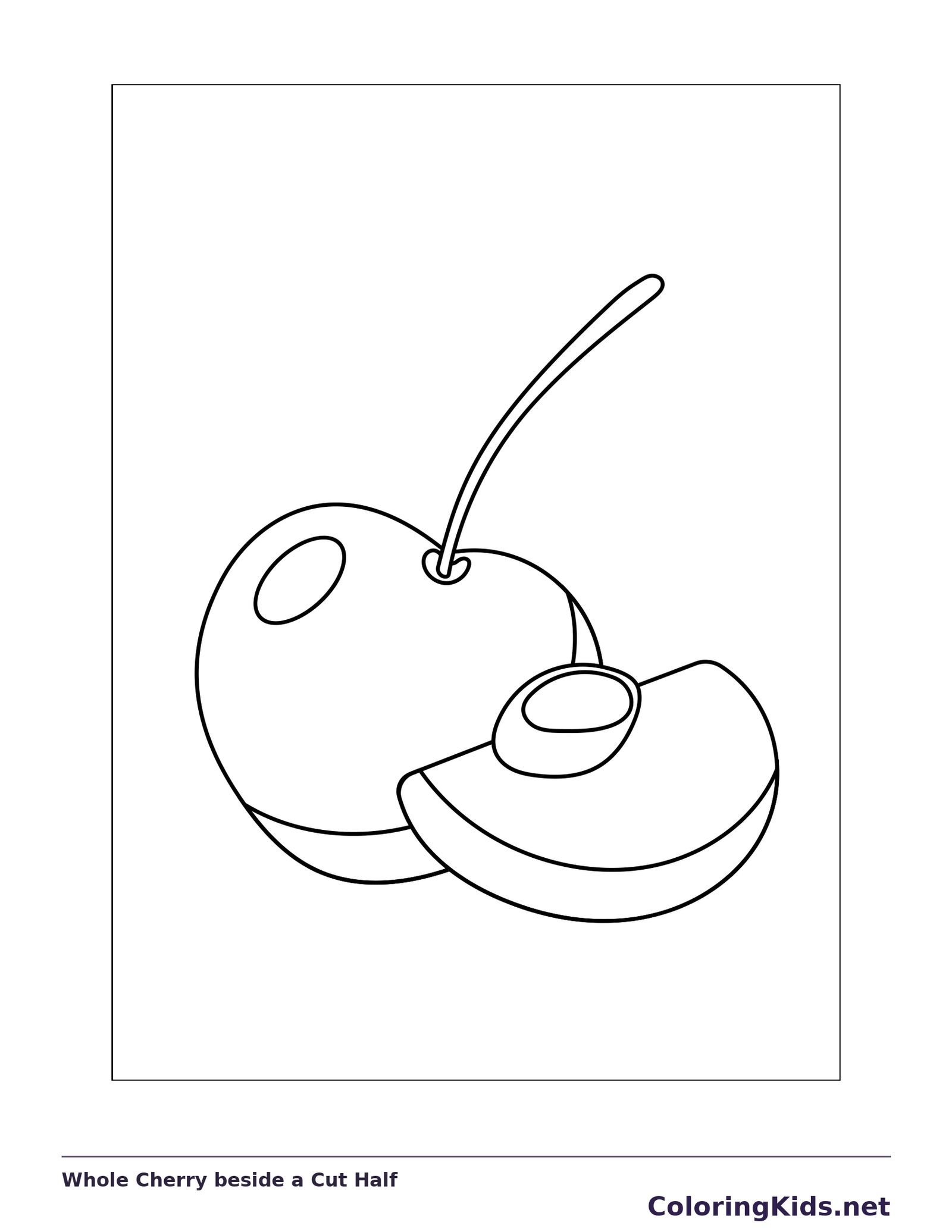 Whole Cherry beside a Cut Half coloring page: black and white line art to print or color online