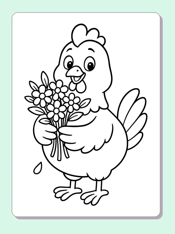 Chicken carrying a bouquet of overlapping daisies, leaves and stems