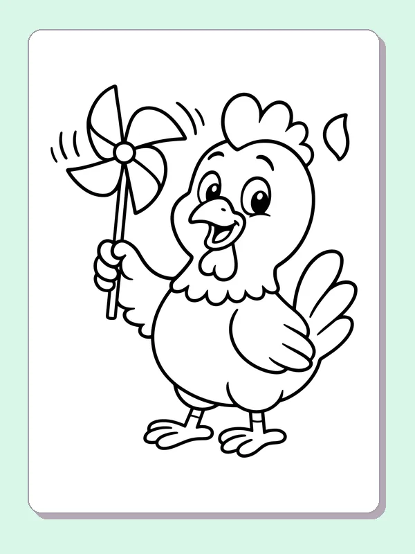 Chicken holding a spinning four-blade pinwheel beside a falling leaf