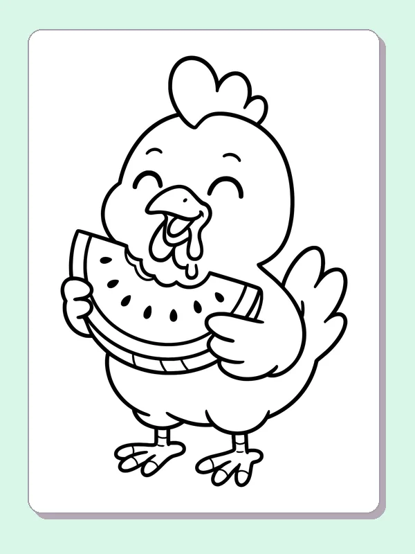 Smiling cartoon chicken holding a seeded watermelon slice with both wings