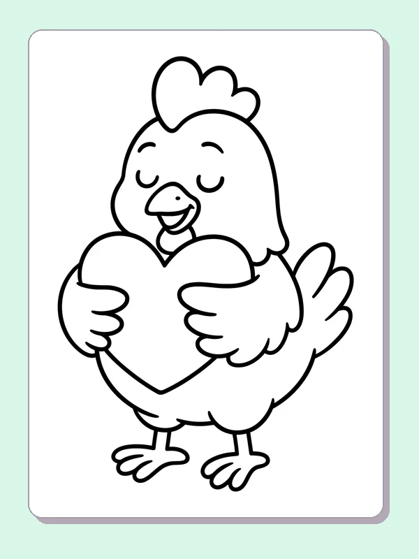 Smiling chicken hugging a large plain heart with both wings