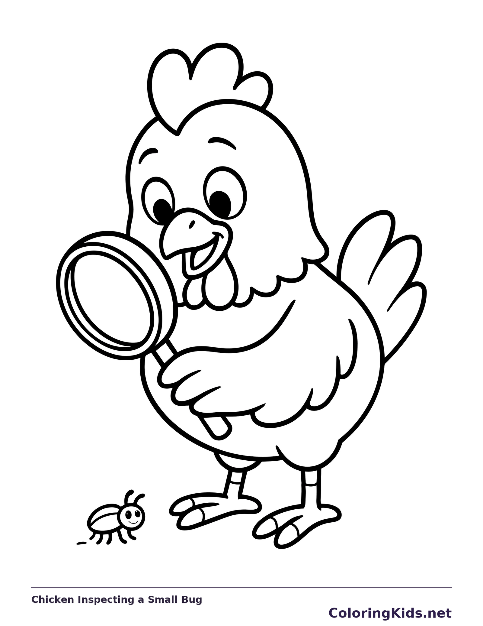 Chicken looking through a magnifying glass at a small bug near the ground