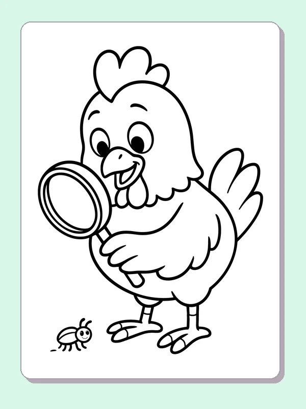 Chicken looking through a magnifying glass at a small bug near the ground