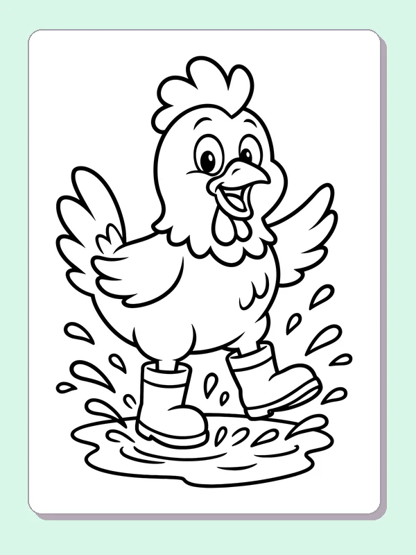 Chicken in rain boots splashing through a puddle with water drops