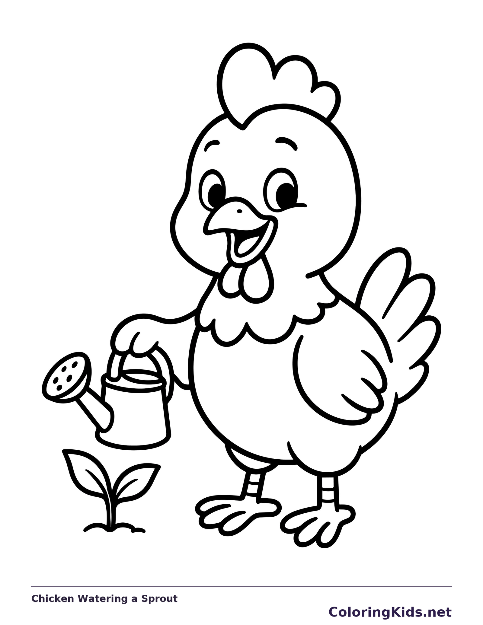 Chicken watering a small two-leaf sprout with a little can