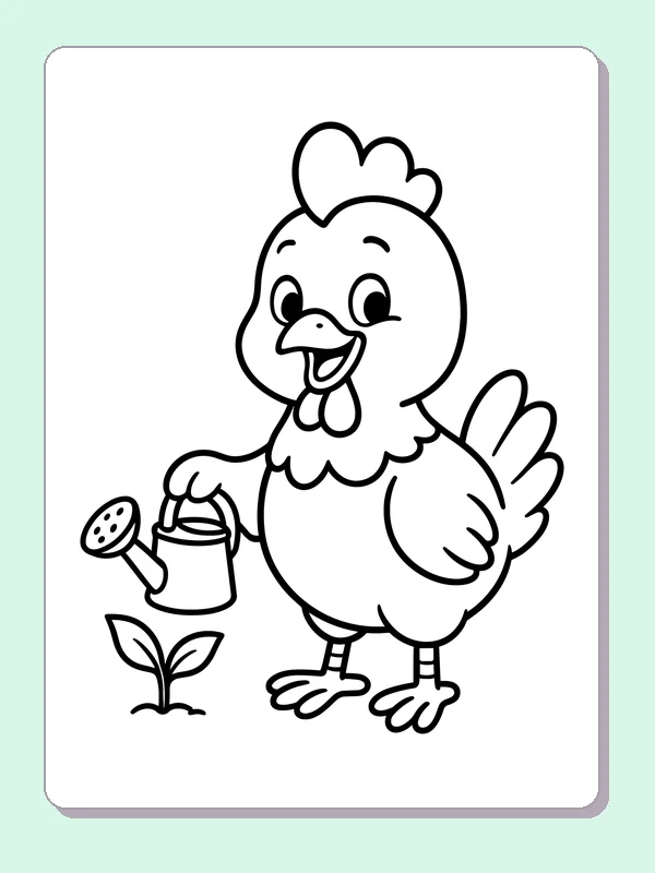 Chicken watering a small two-leaf sprout with a little can
